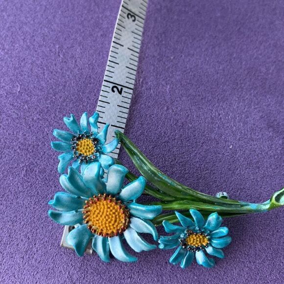 Vintage blue metallic enamel floral brooch pin- mid century - Picture 8 of 8